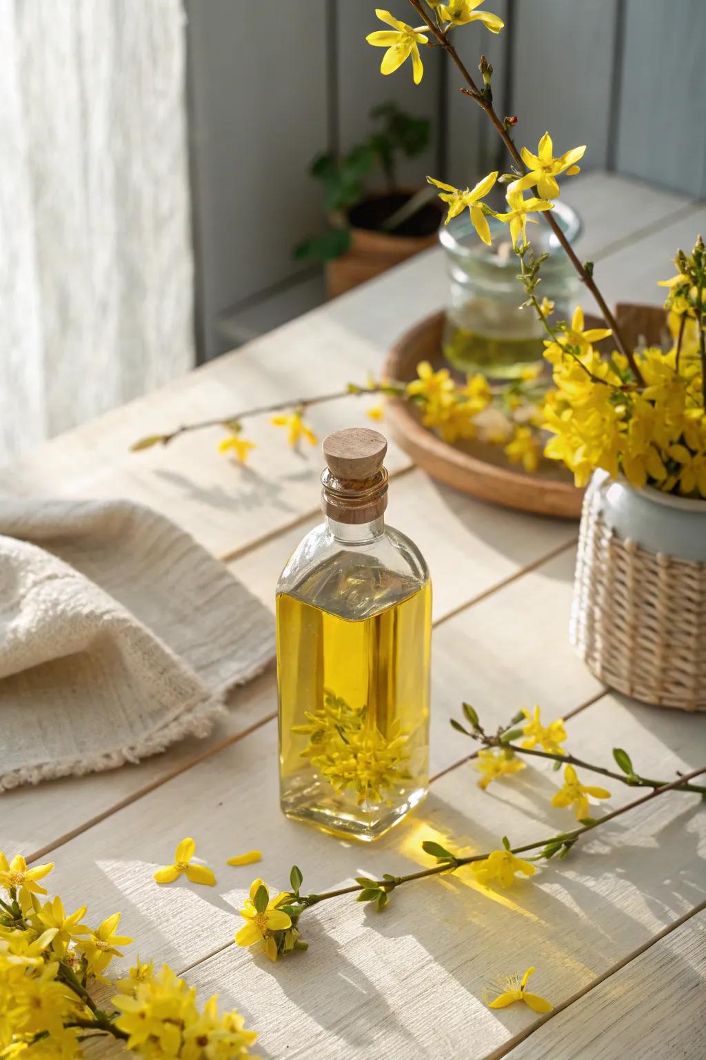 Harness the natural beauty benefits of forsythia with infused oils perfect for self-care routines.