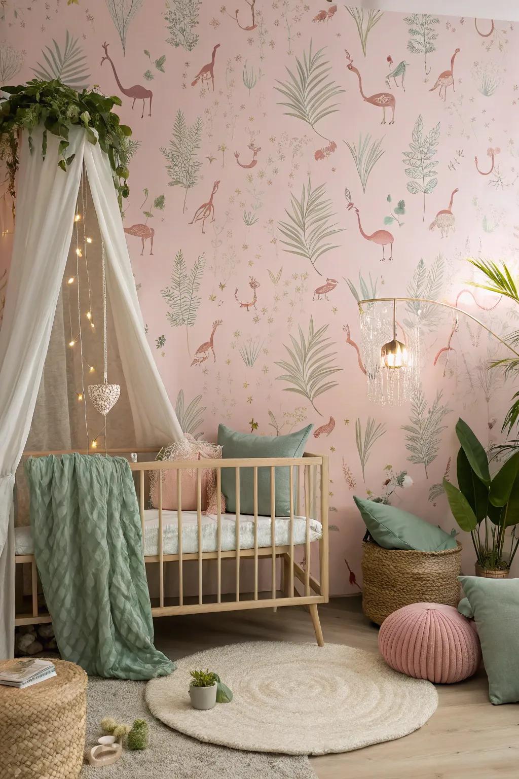 Whimsical pink wallpaper enchants the nursery with its playful elegance.