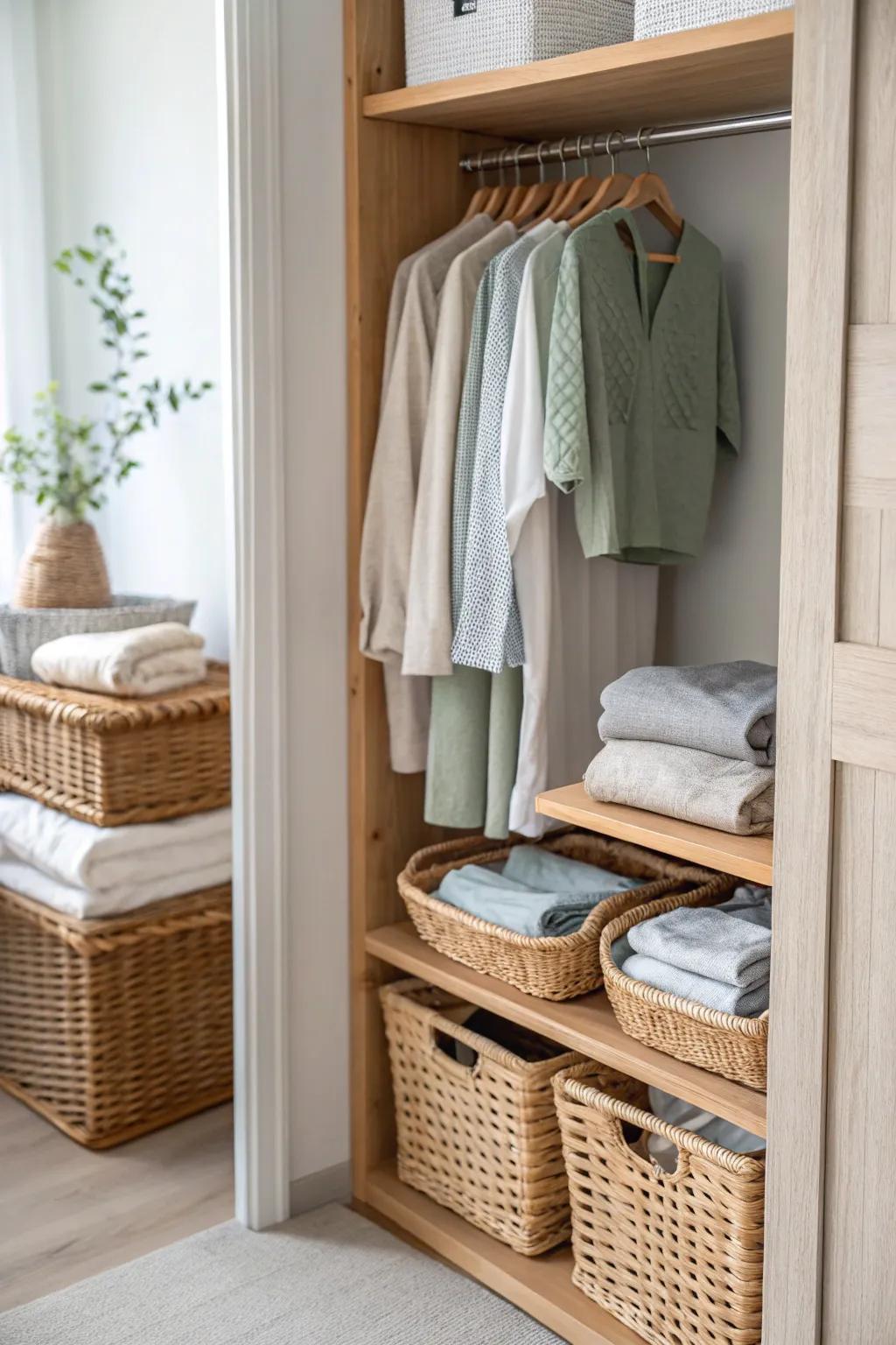 Pull-out baskets offer convenience and clarity, making it easy to manage your closet's inventory.