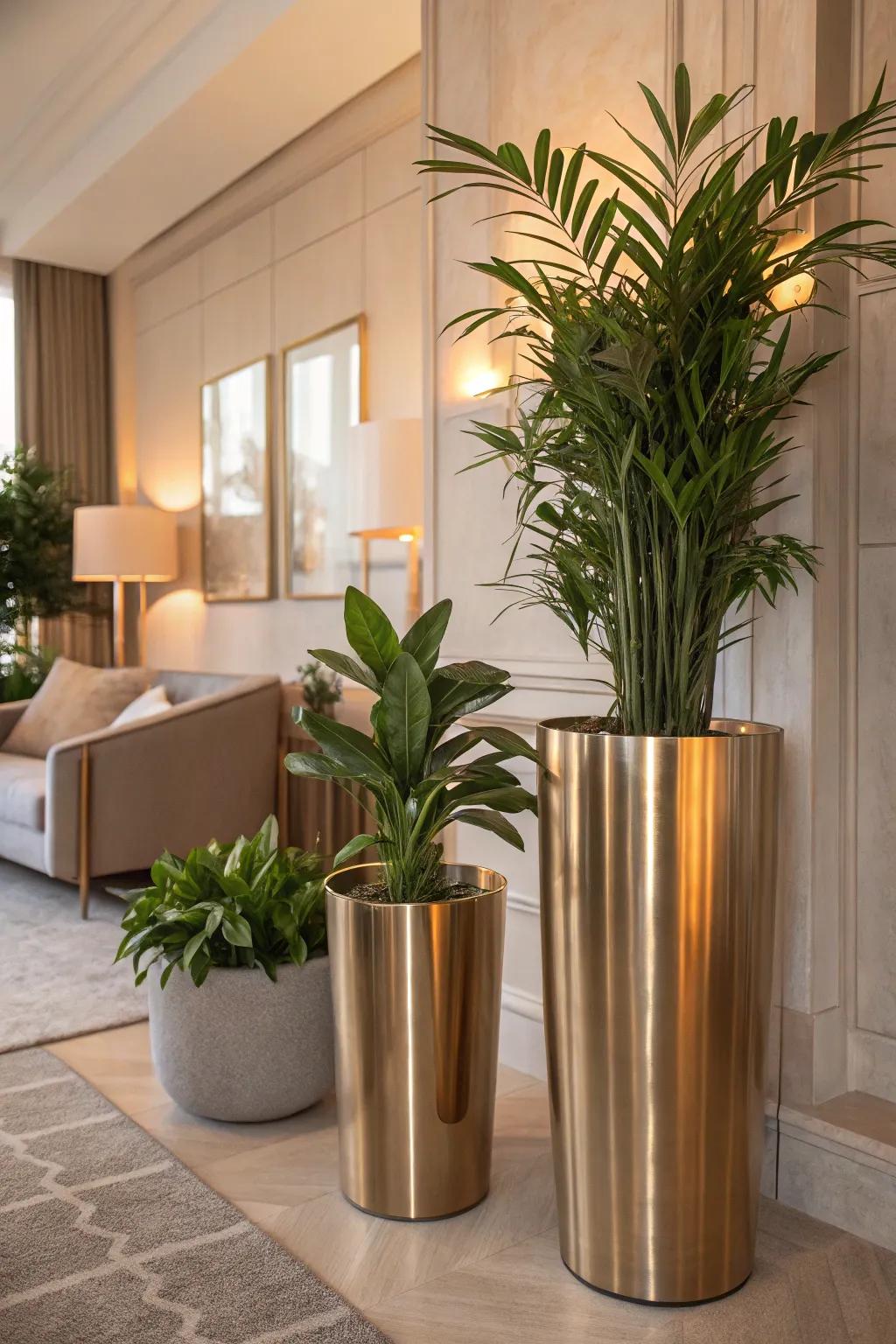 Add a touch of glam to your decor with metallic plant pots that shine in the light.