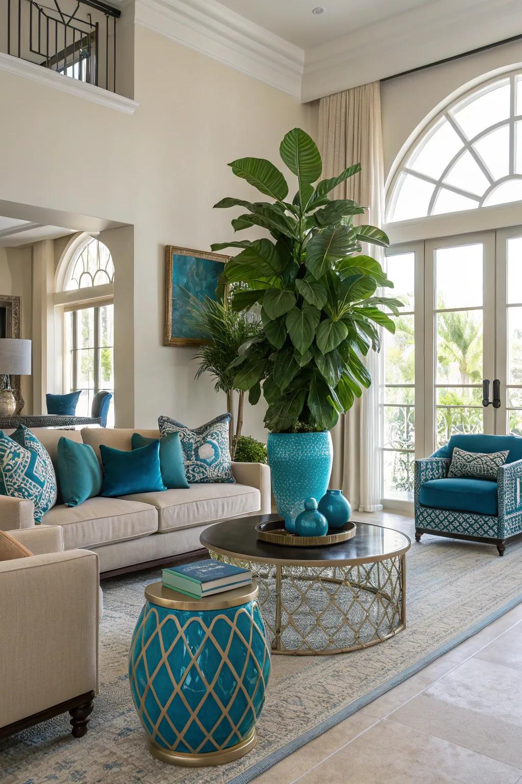 Greenery adds a refreshing touch to your living room, complementing the beige and blue tones.