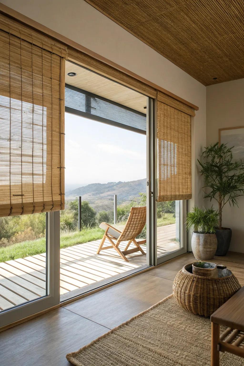Bamboo shades offer a serene, natural look, ideal for creating a Zen-inspired atmosphere.