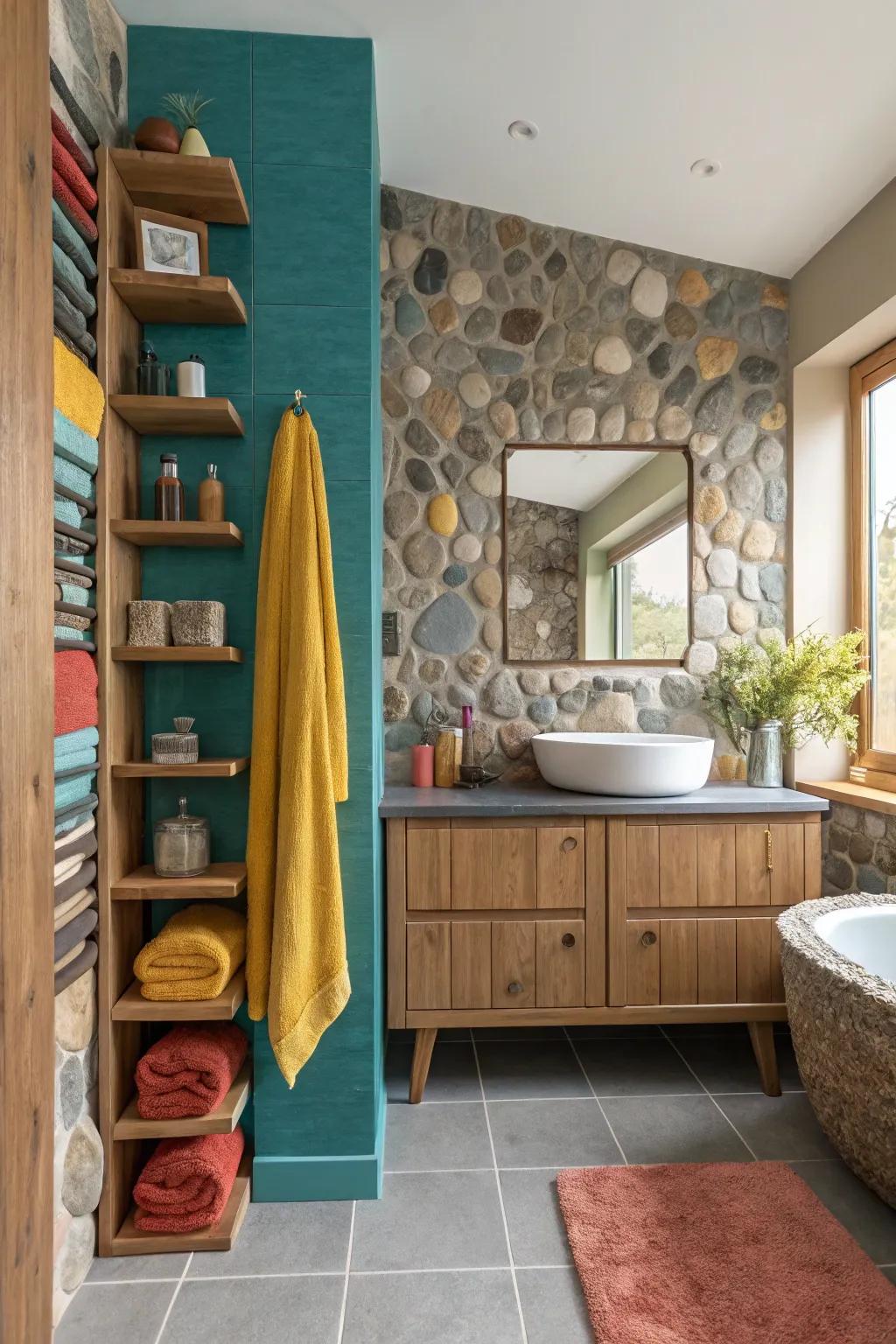 Create a haven of warmth and tranquility by pairing pebbles with rich wood details.