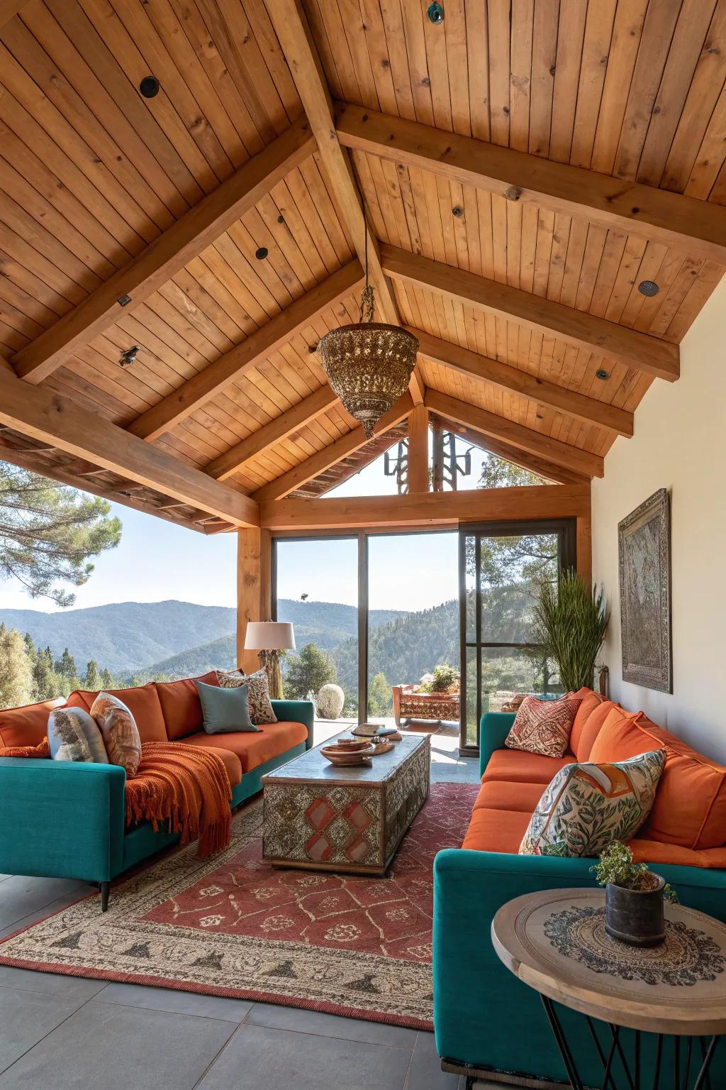 Wooden ceilings create a warm, inviting atmosphere, perfect for relaxing under.