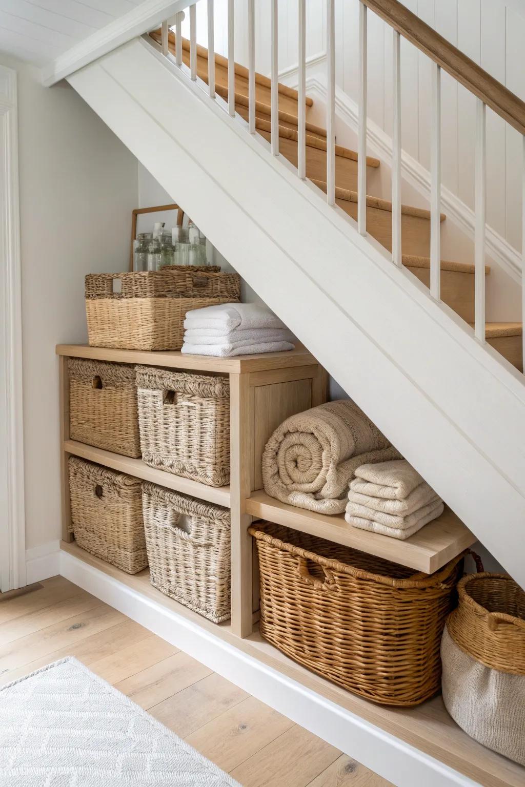 Baskets bring texture and warmth, perfect for a cozy pantry feel.