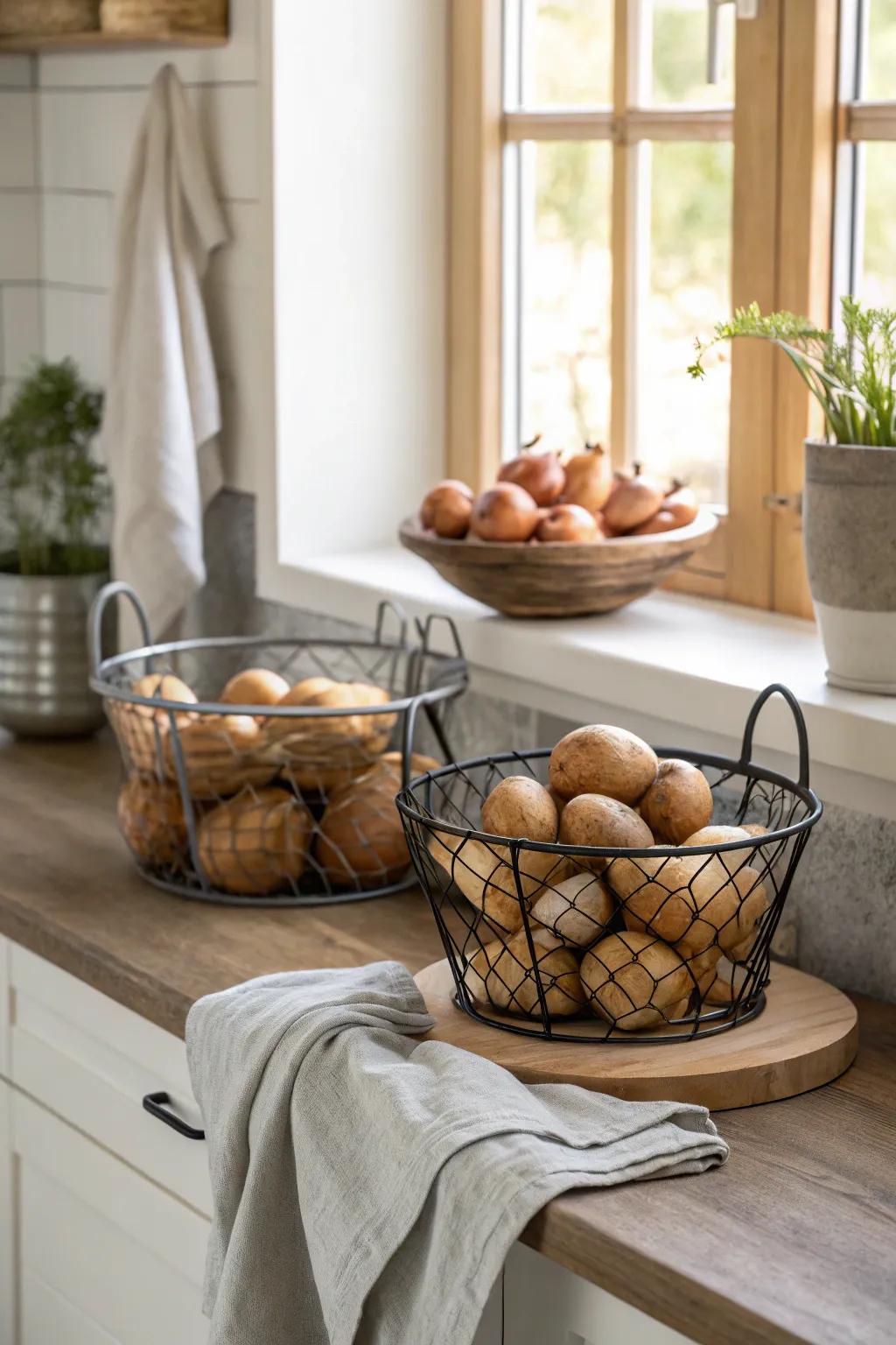 Modernize your storage with sleek metal baskets.