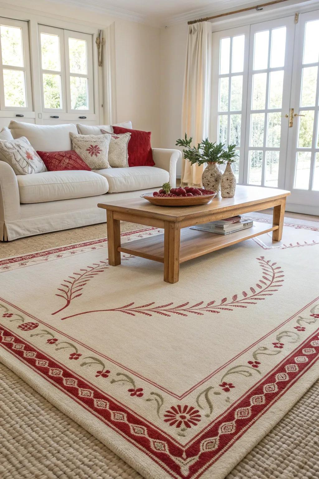 Define your space with cream carpets accented by sophisticated red borders.
