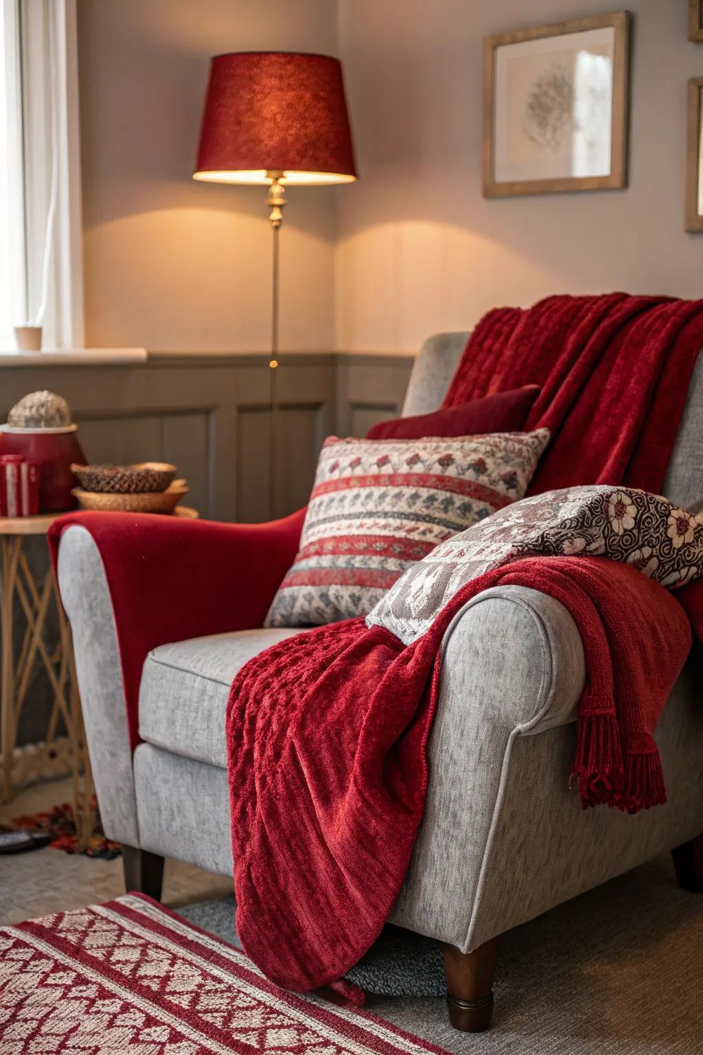 Create a cozy ambiance with layered textiles in red and gray for ultimate comfort.
