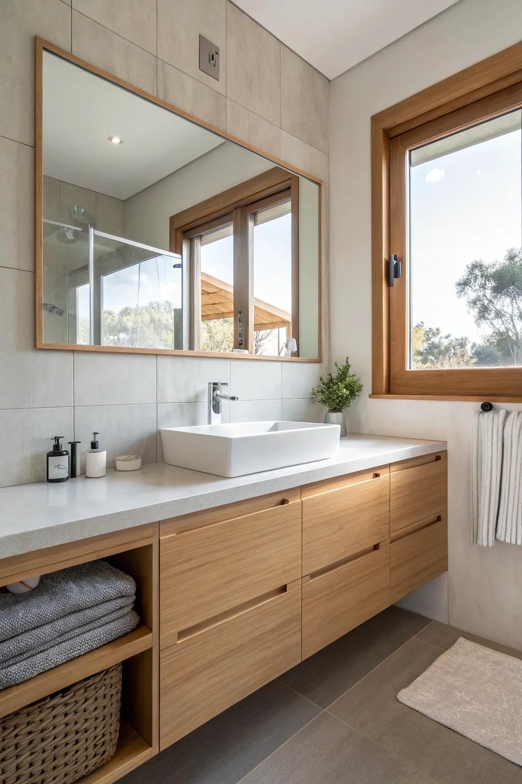 Maximize your space with a wall-to-wall counter, perfect for extra storage. #CounterSpace #BathroomDesign