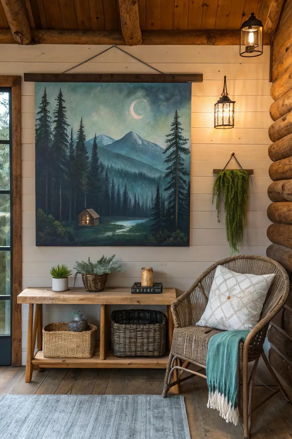 Bring the beauty of nature indoors with landscape art in your cabin.