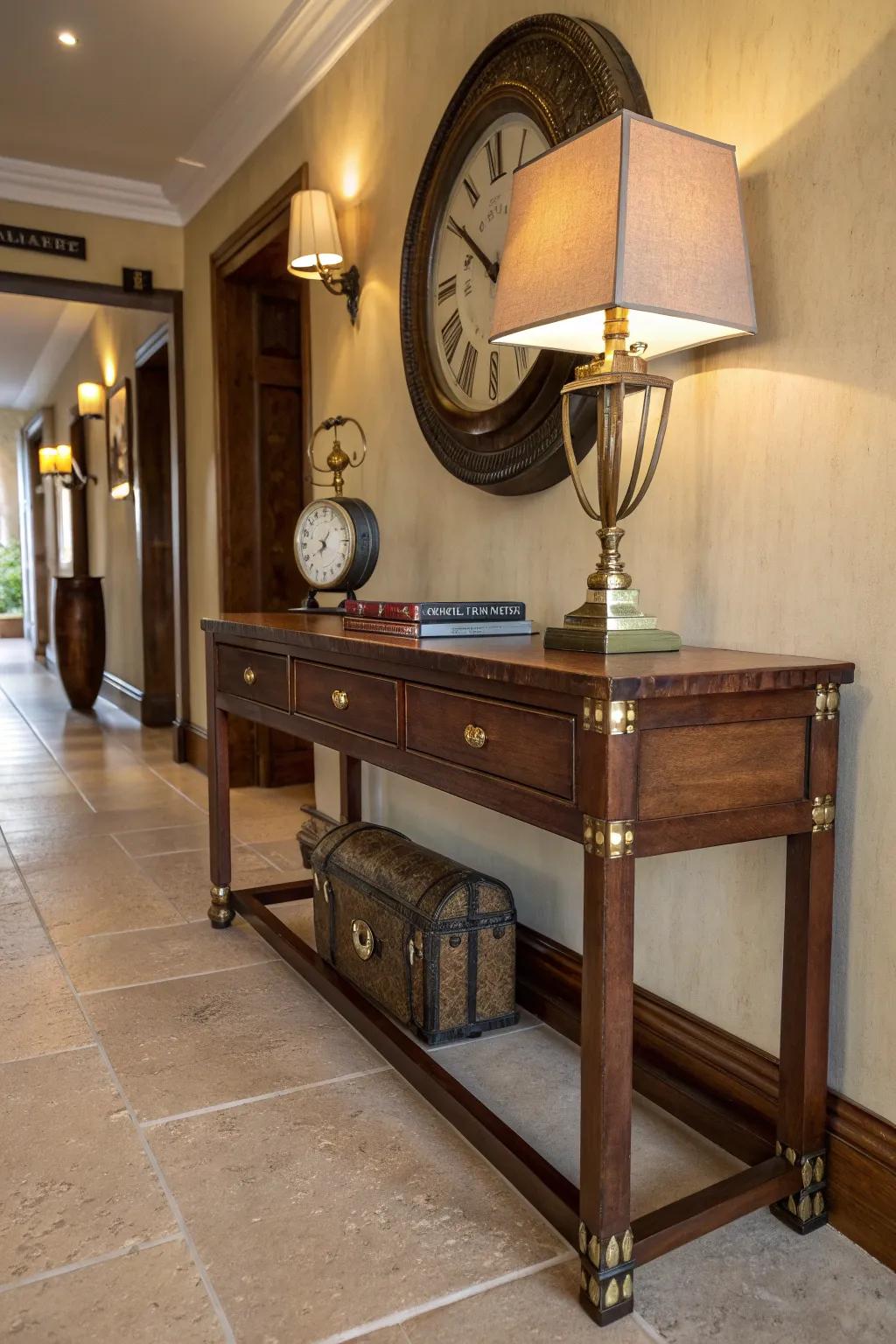 Make an entrance with a console table that blends brass and wood for a steampunk welcome.