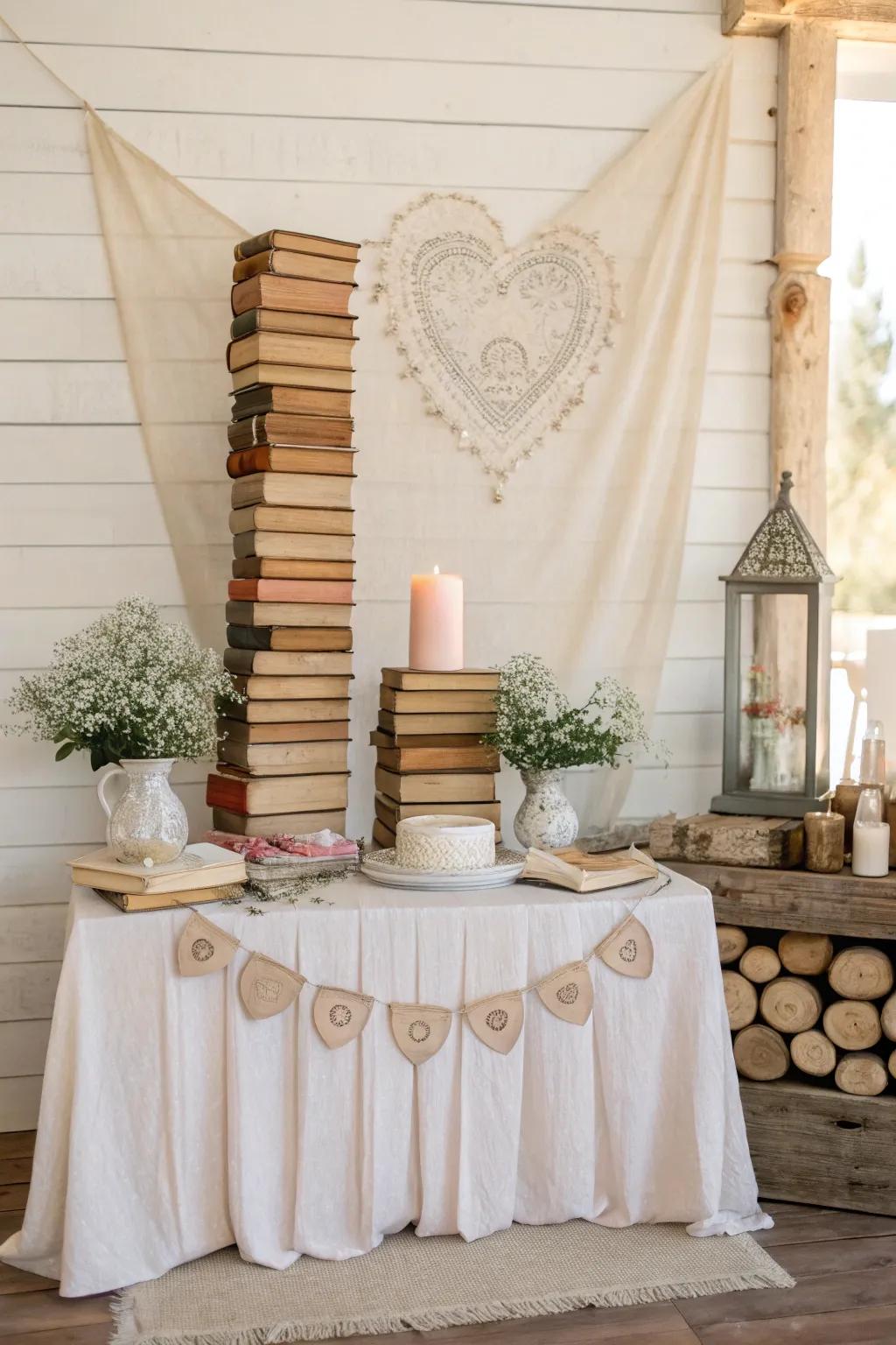 Vintage books create a cozy, intellectual haven perfect for book lovers and romantics alike.