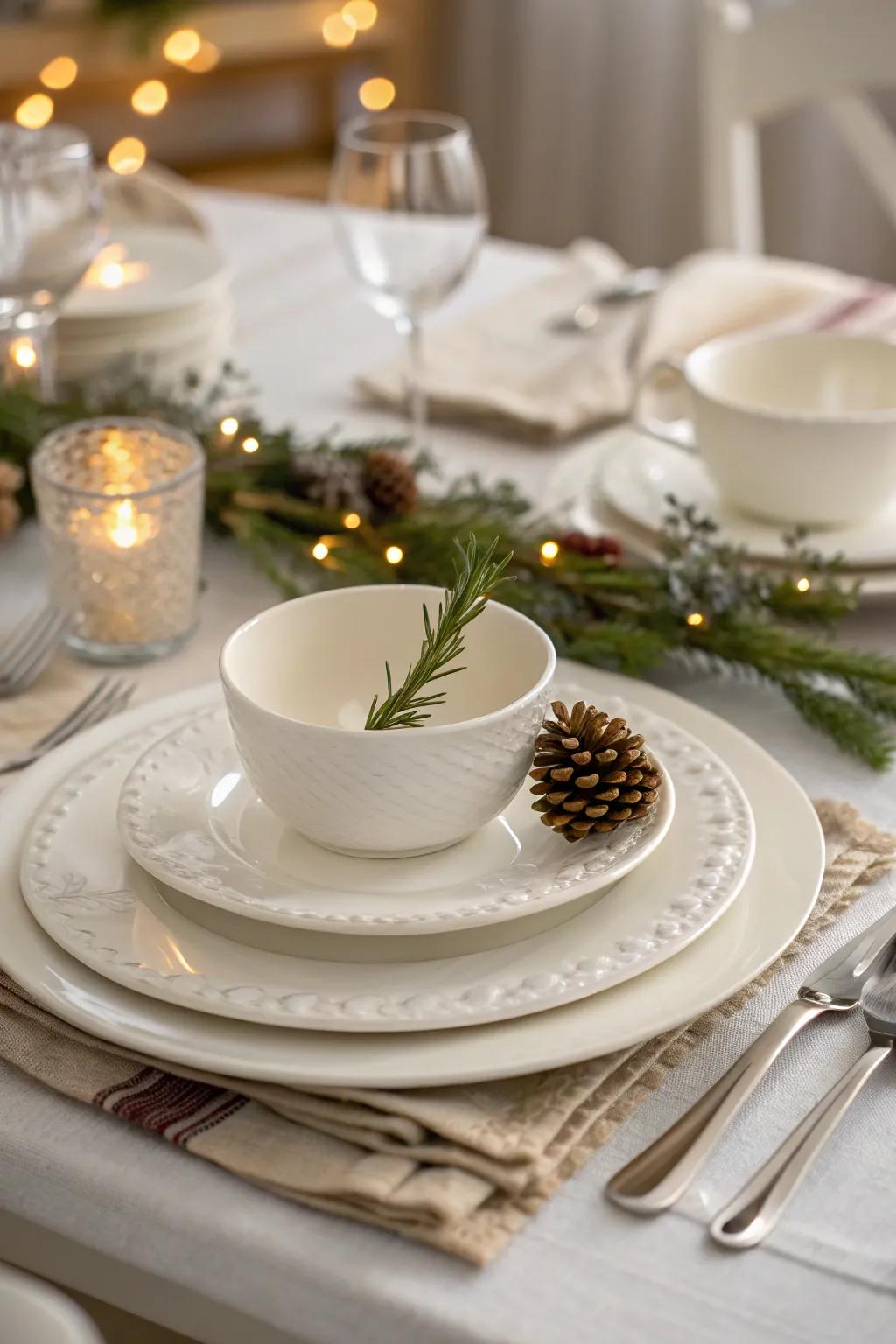Classic white ceramic dinnerware sets the stage for a beautiful dining experience.