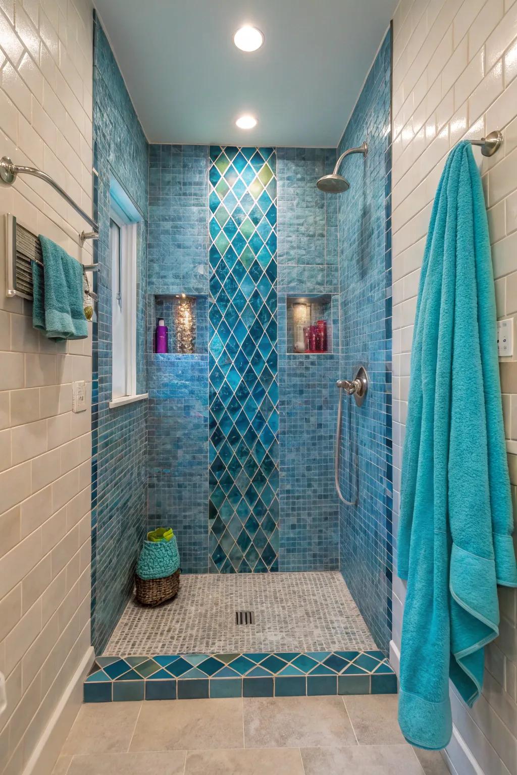 Mix it up with different tile sizes for a playful shower design. 🎨 #EclecticStyle #DynamicDesign