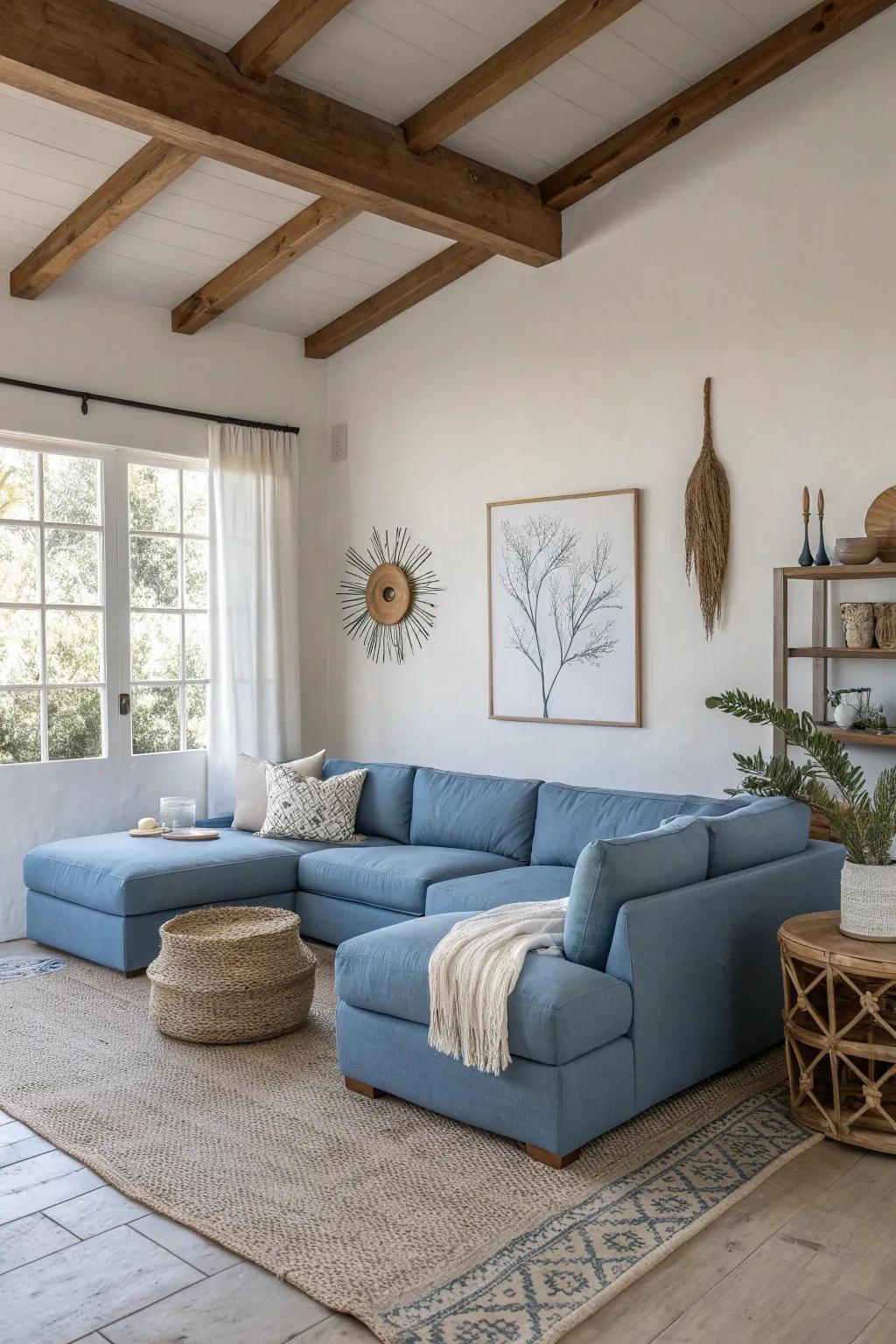 Minimalist design lets your blue sectional take center stage in a serene and uncluttered space. 🛋️✨ #MinimalistDesign #BlueSofa