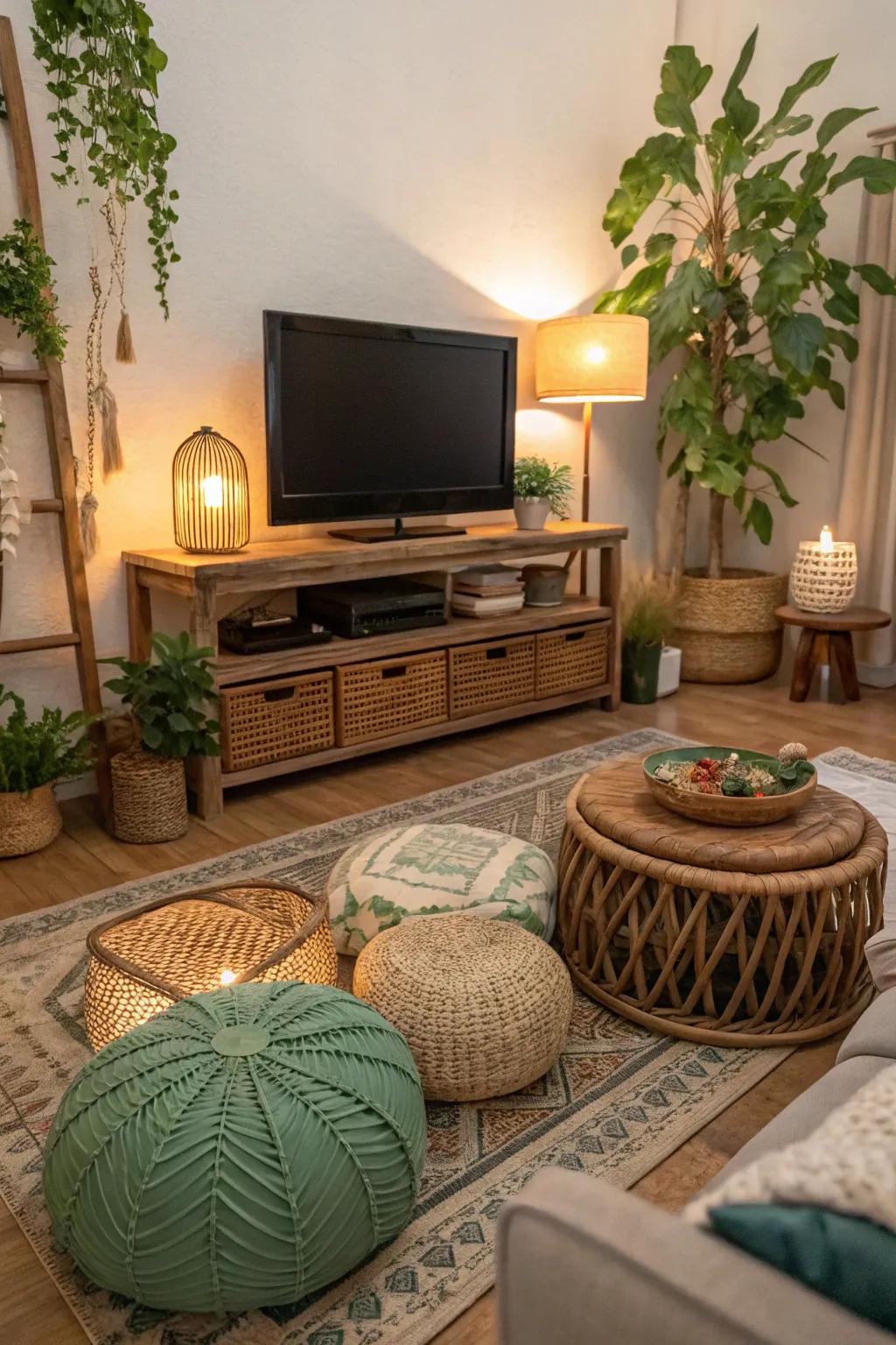 Create a relaxed and inviting boho space with comfortable low seating.