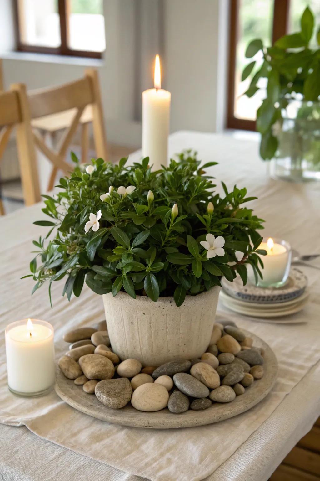 Vinca centerpieces add natural elegance to any setting.