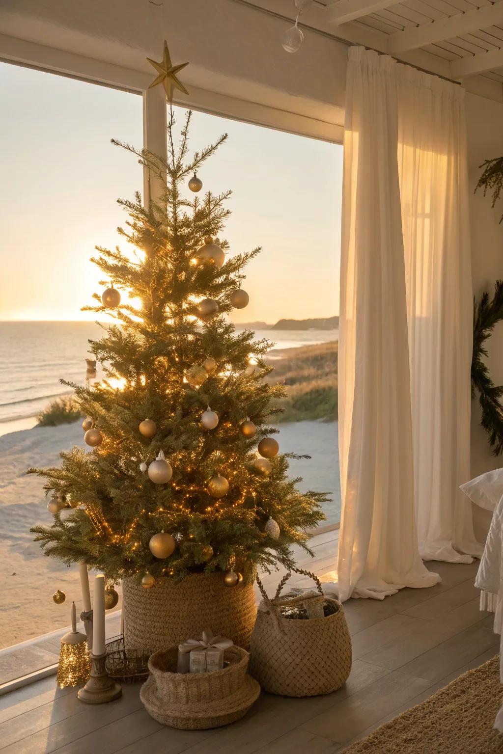 Gold accents mimic the sparkle of sunlight on water, adding festive warmth.