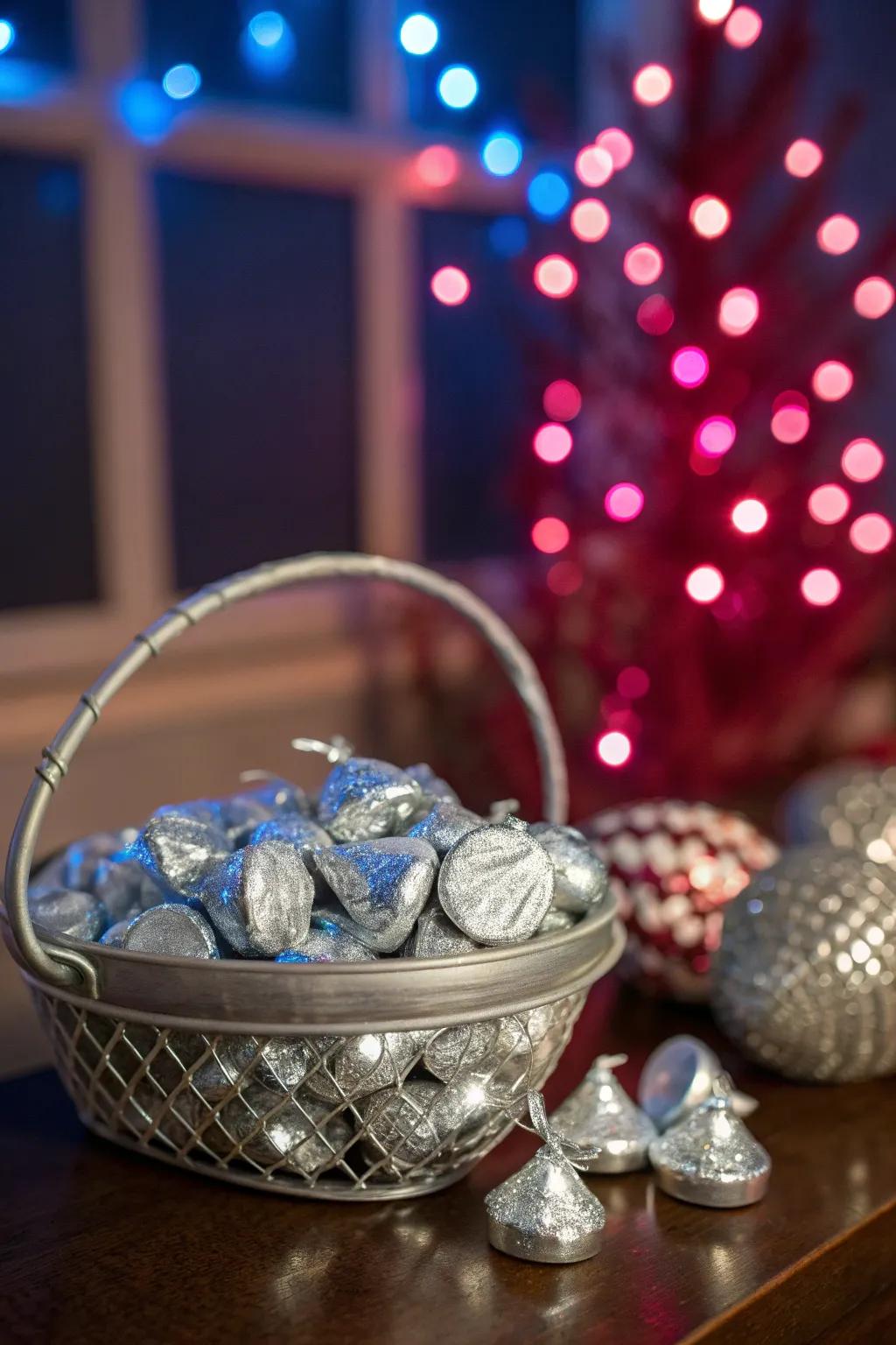 Shine with elegance and mystery with a silver-themed basket perfect for an evening soirée. ✨ #SilverElegance #MysticalGifts #EveningGlamour