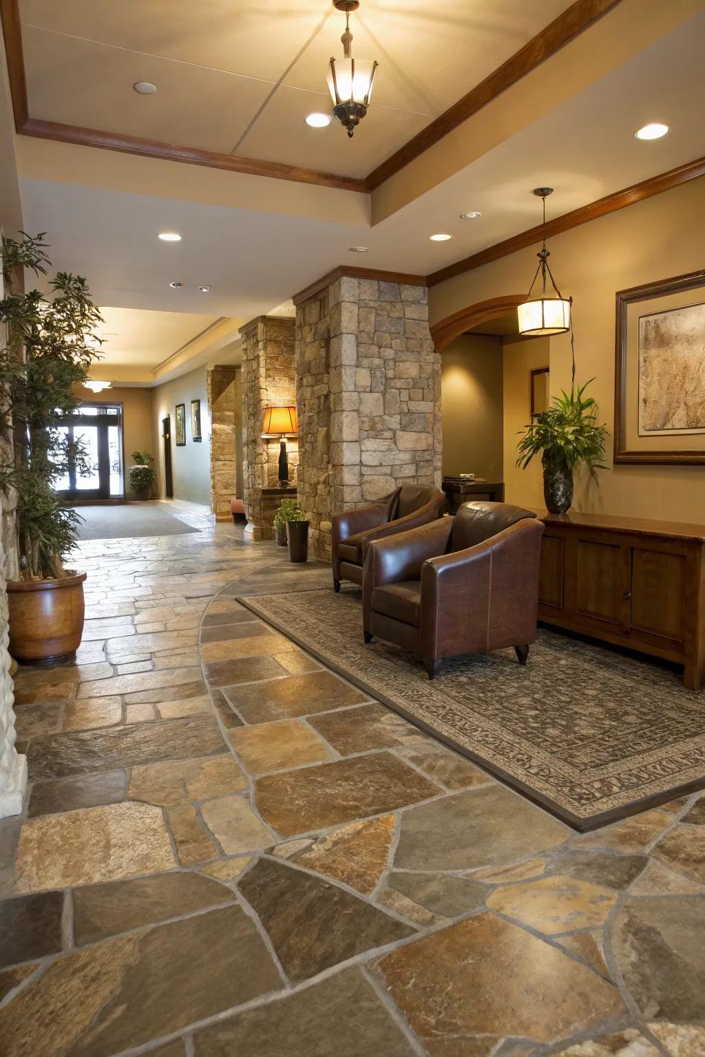 Stone flooring exudes timeless elegance, a classic choice for sophisticated spaces.