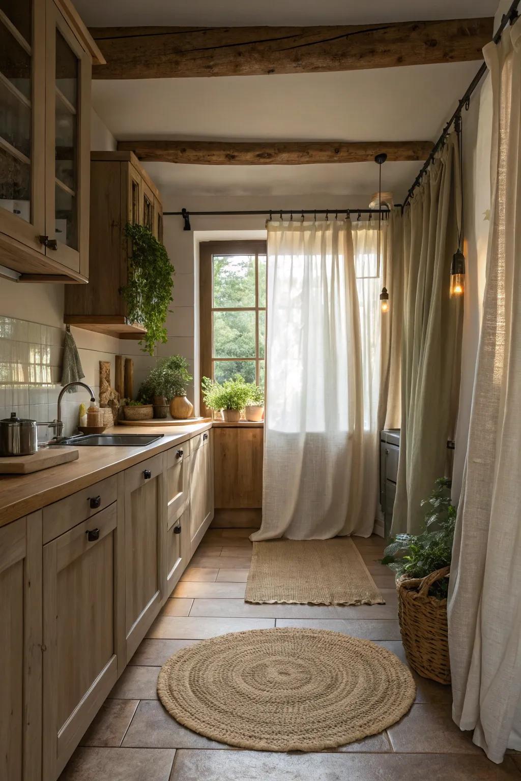 Soften your kitchen with earthy textiles that enhance comfort and add a touch of elegance.