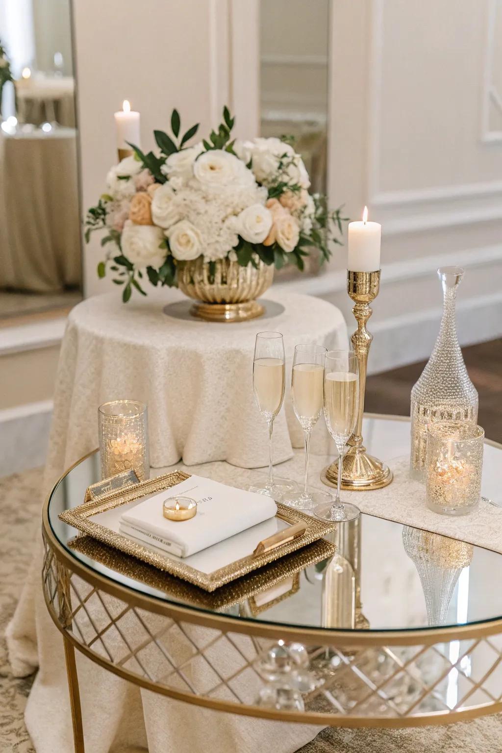 Create depth and elegance with mirrored surfaces that enhance every detail. 🪞 #MirroredDecor #ElegantWedding