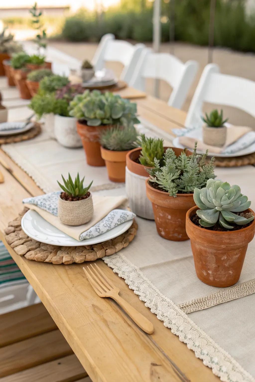 Embrace sustainability with potted plant centerpieces that offer lasting beauty.