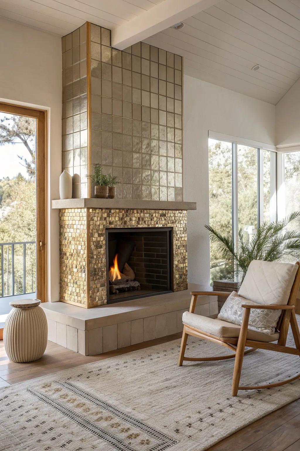Bring a touch of glamour to your fireplace with metallic tiles that dazzle and shine.