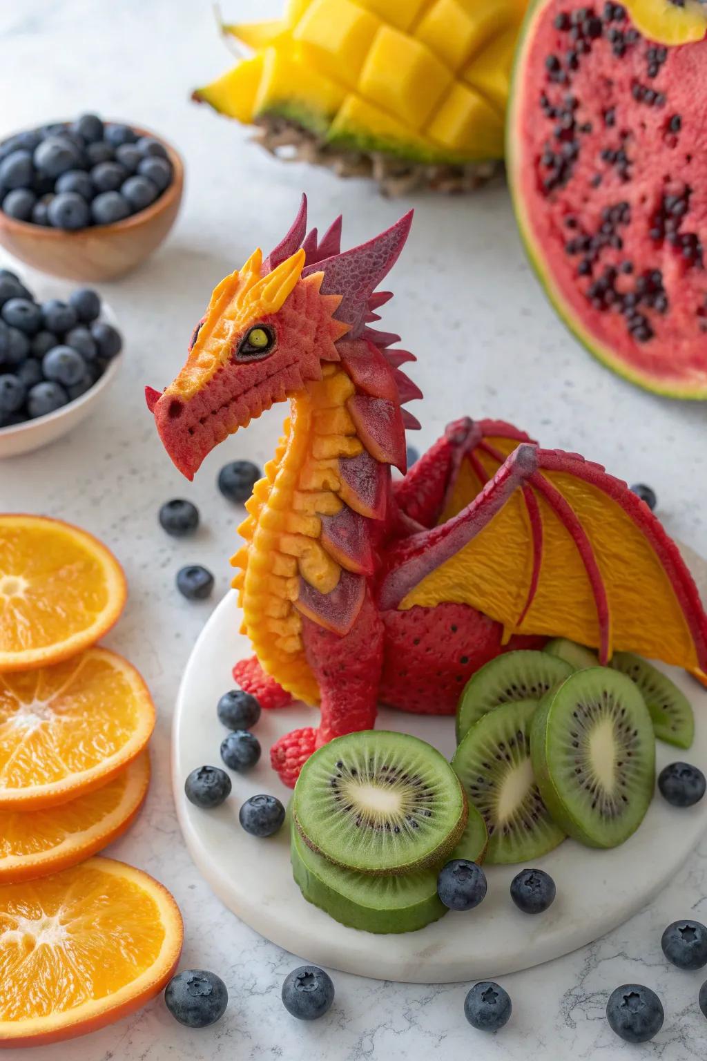 🐉 Let your imagination soar with this magnificent fruit dragon. #FantasyArt #CreativeCooking #DiningDecor