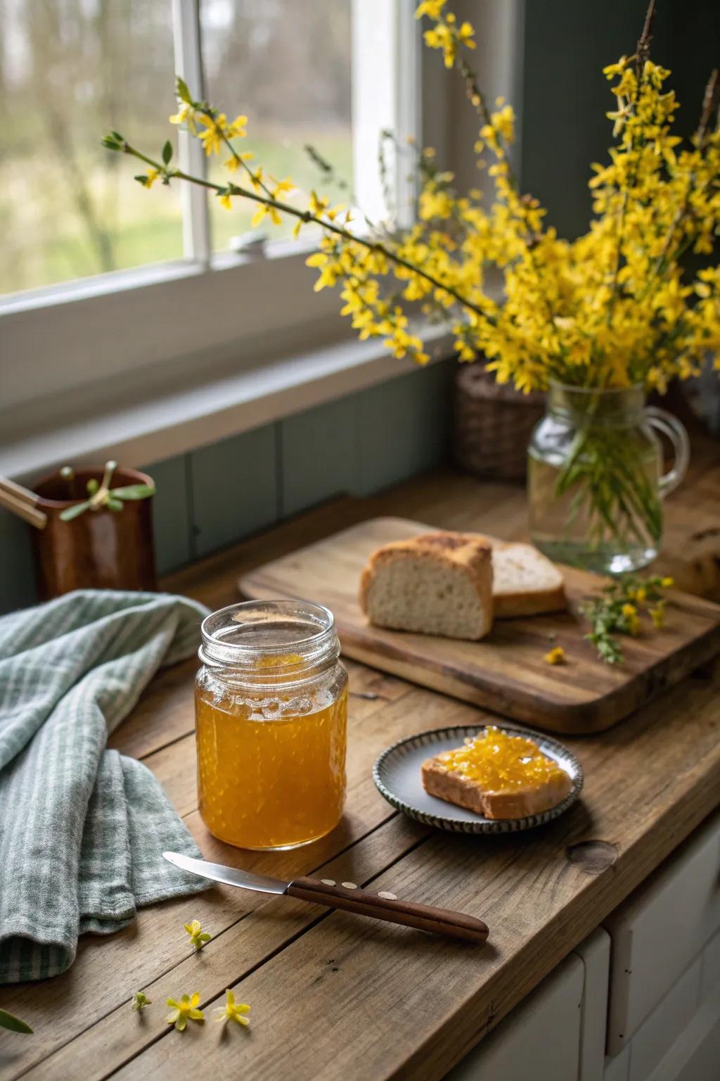 Enjoy the taste of spring with homemade forsythia jelly that adds a floral twist to your meals. 🍯🌸 #HomemadeTreats #SpringFlavors