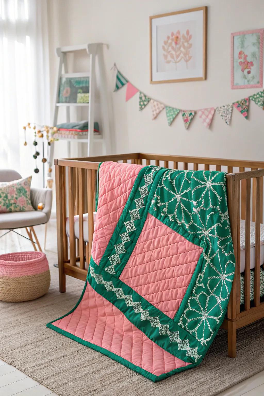 Green and pink quilts add warmth and style, creating a cozy nest for your baby. 🛏️💞 #CozyNursery #QuiltDesign