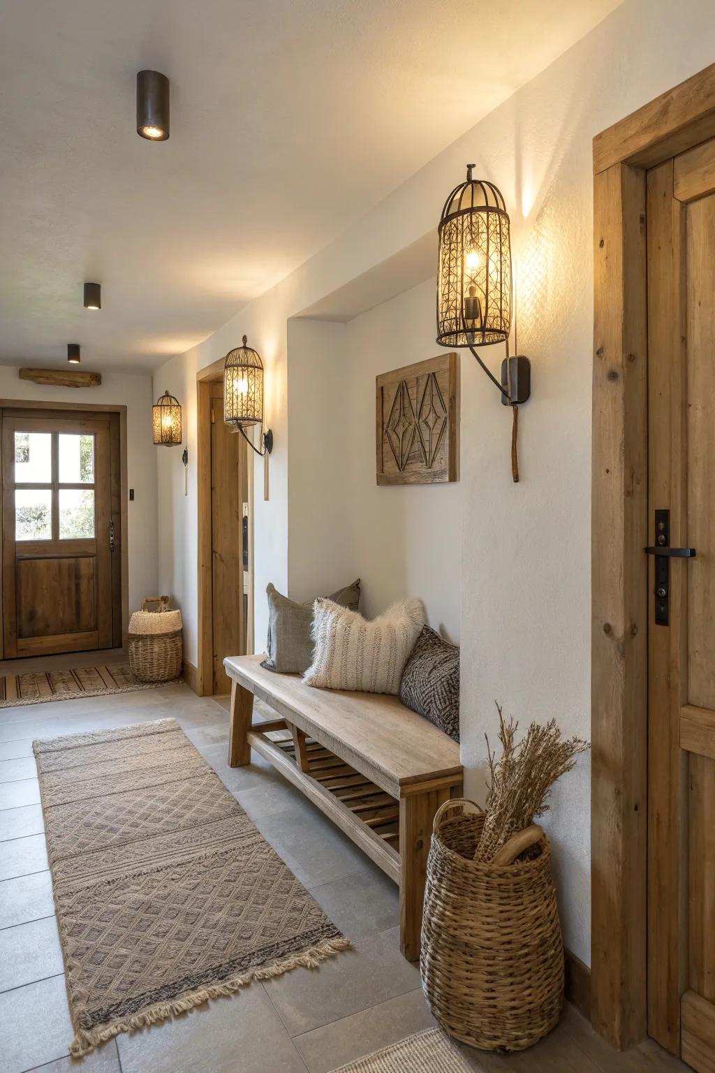 Bring rustic warmth to your hallway with sconces that echo the charm of the countryside.