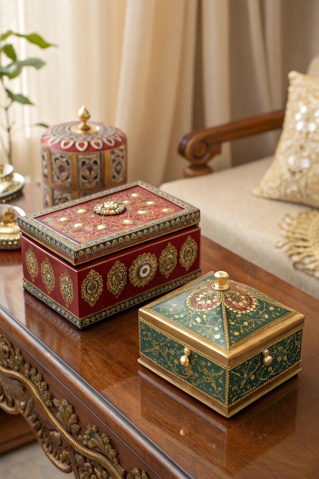 Store your treasures in these intricate and vibrant Meenakari boxes.