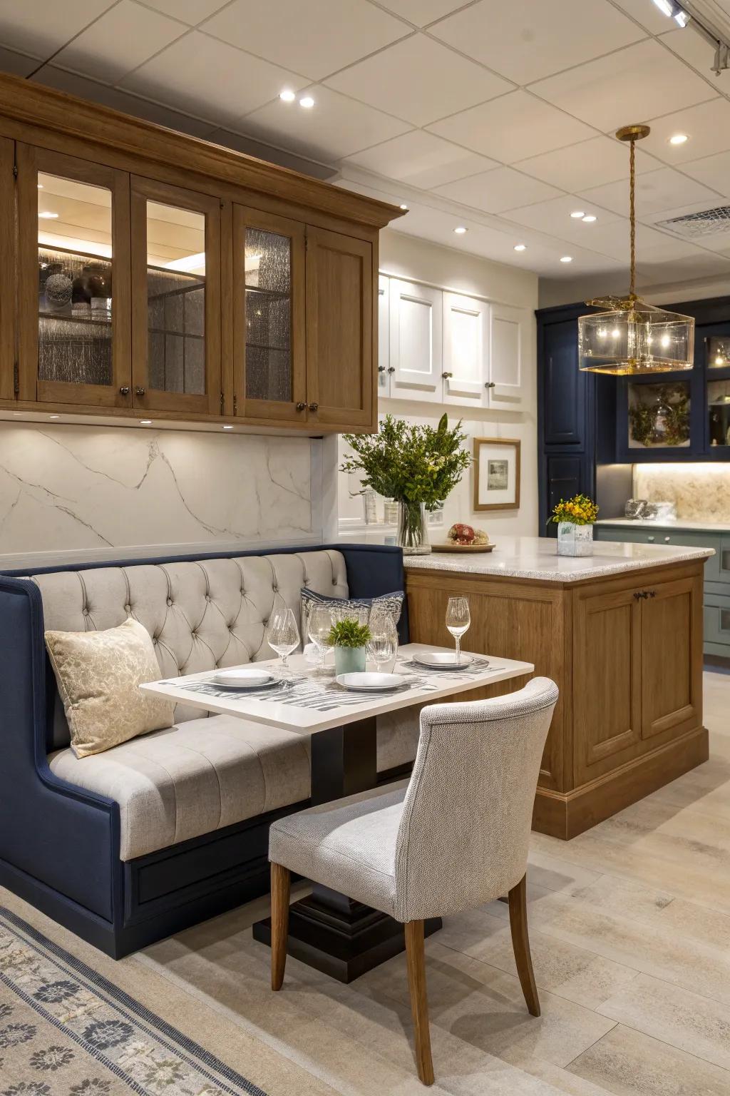 Create a cozy dining nook by integrating a banquette with your kitchen island.