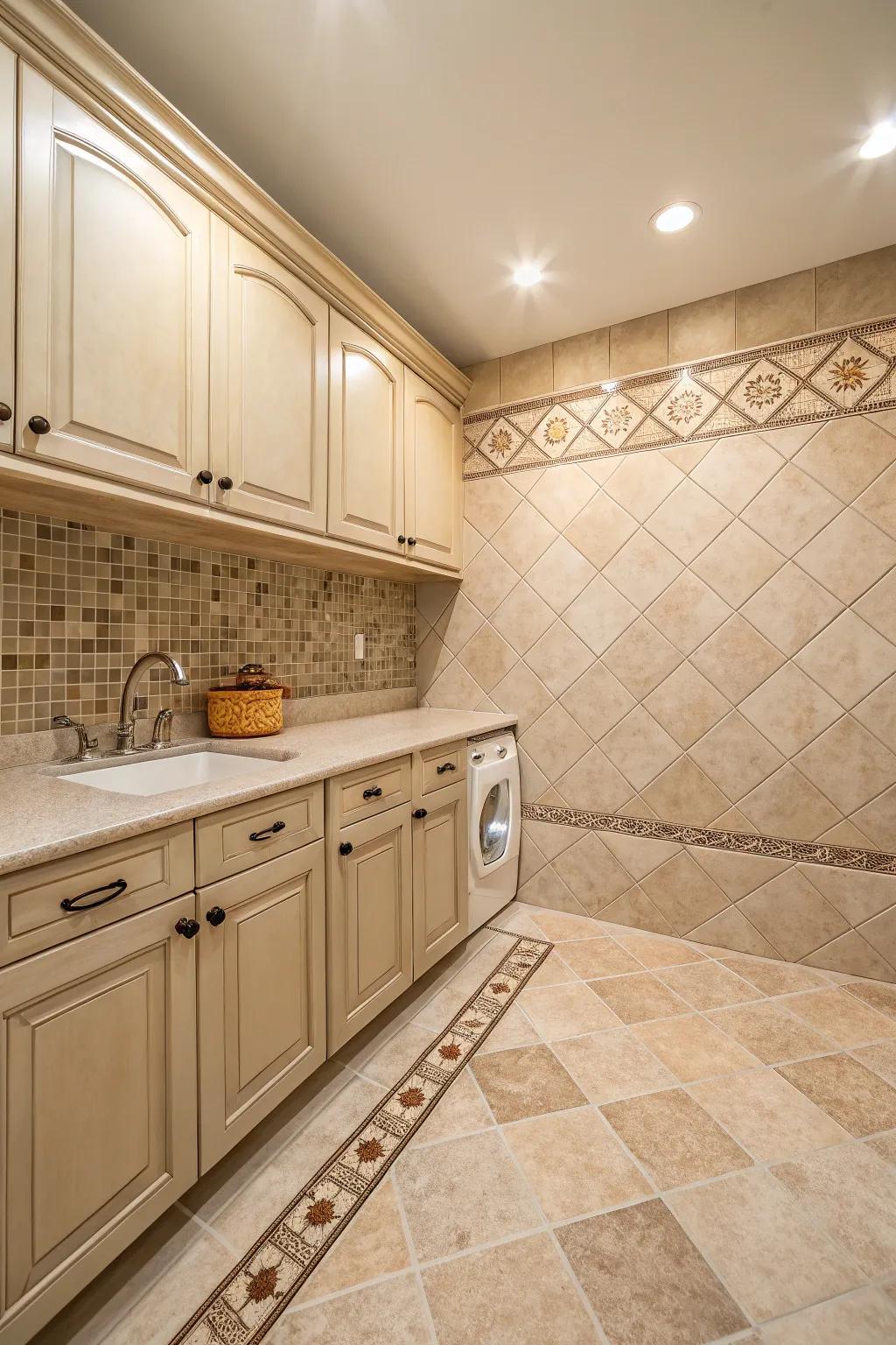 Achieve a harmonious look with seamlessly integrated tiles and cabinetry in your laundry room.