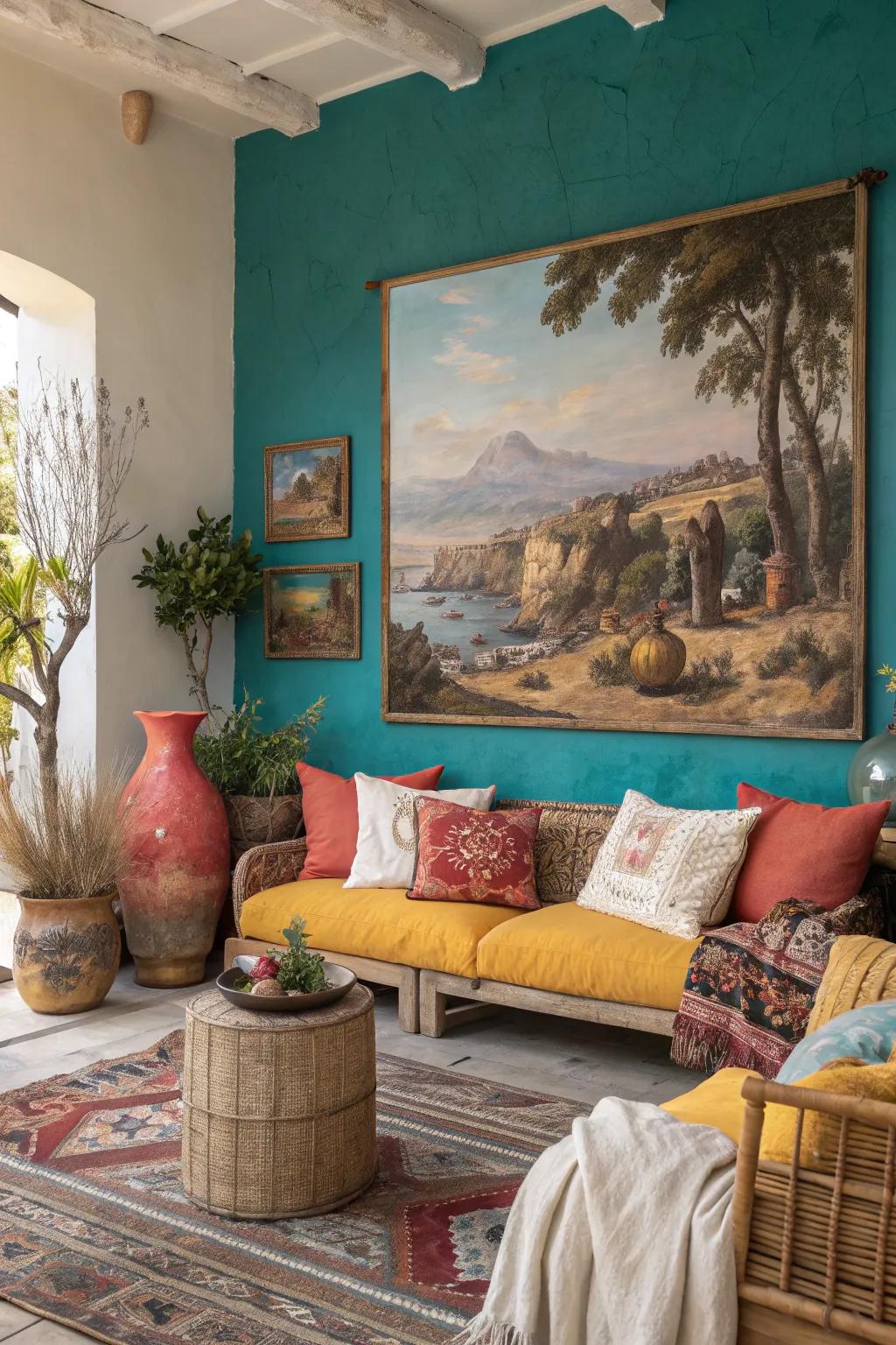 Cultural art adds depth and character, reflecting the vibrant Mediterranean landscapes.