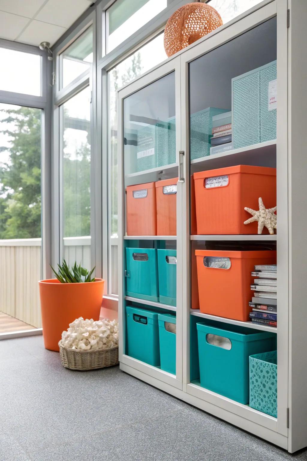 Combine style with function through transparent door inserts for a peek-a-boo effect.