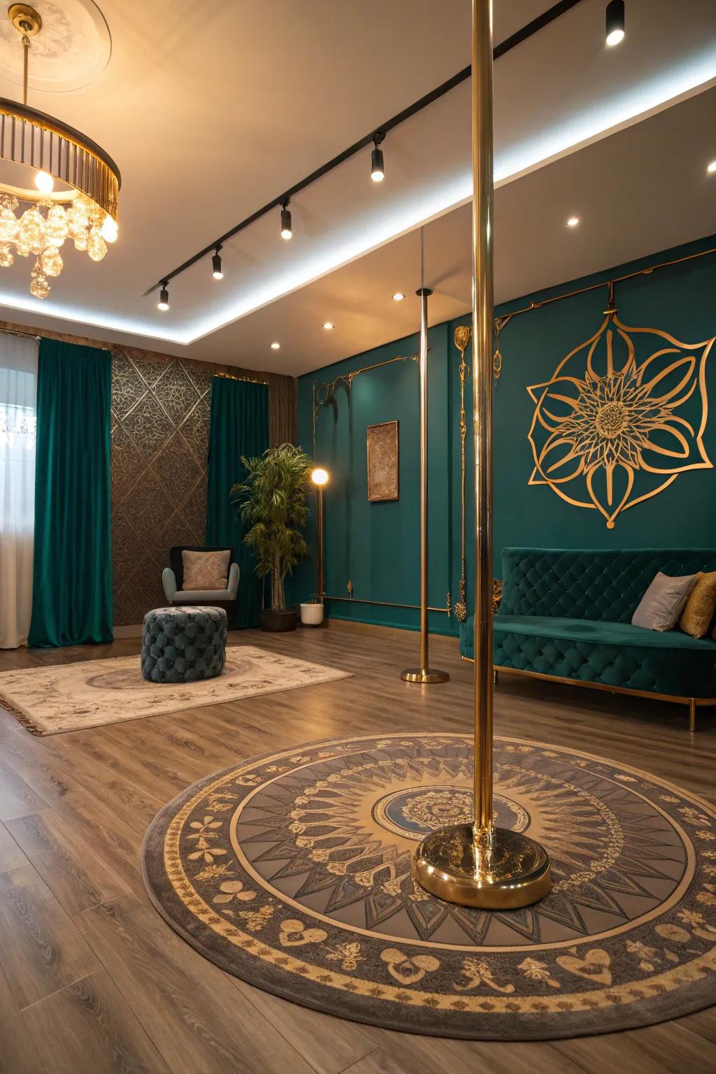 Add a touch of elegance with decorative flooring that complements your pole room.