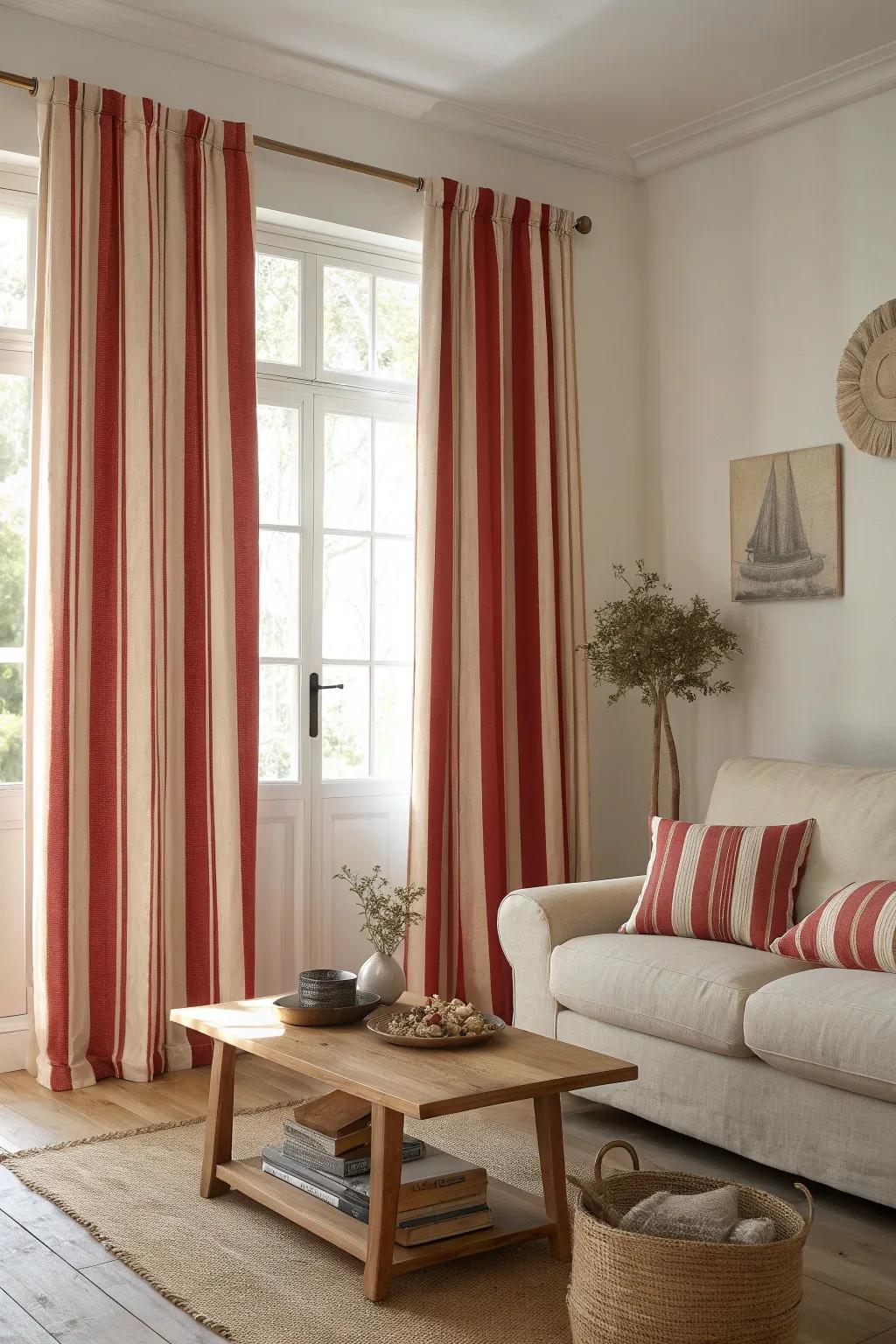 Add height and dimension with red and cream striped curtains that draw the eye upward.