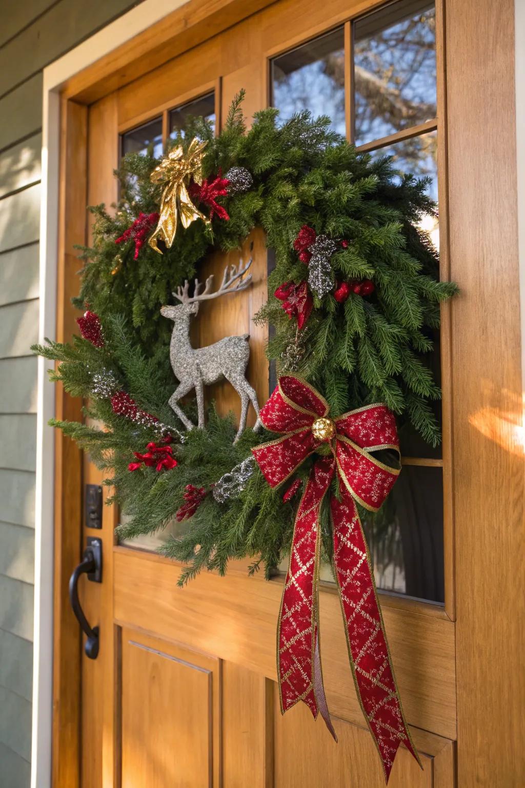 A classic mix of evergreens and reindeer accents brings festive elegance to your entrance.