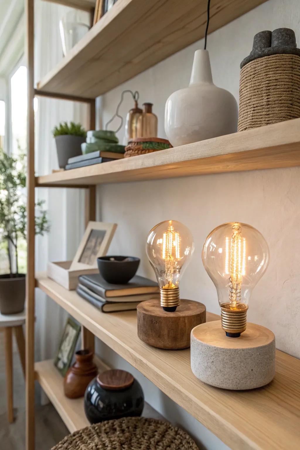 Bring warmth and nostalgia to your shelves with vintage bulb accents.