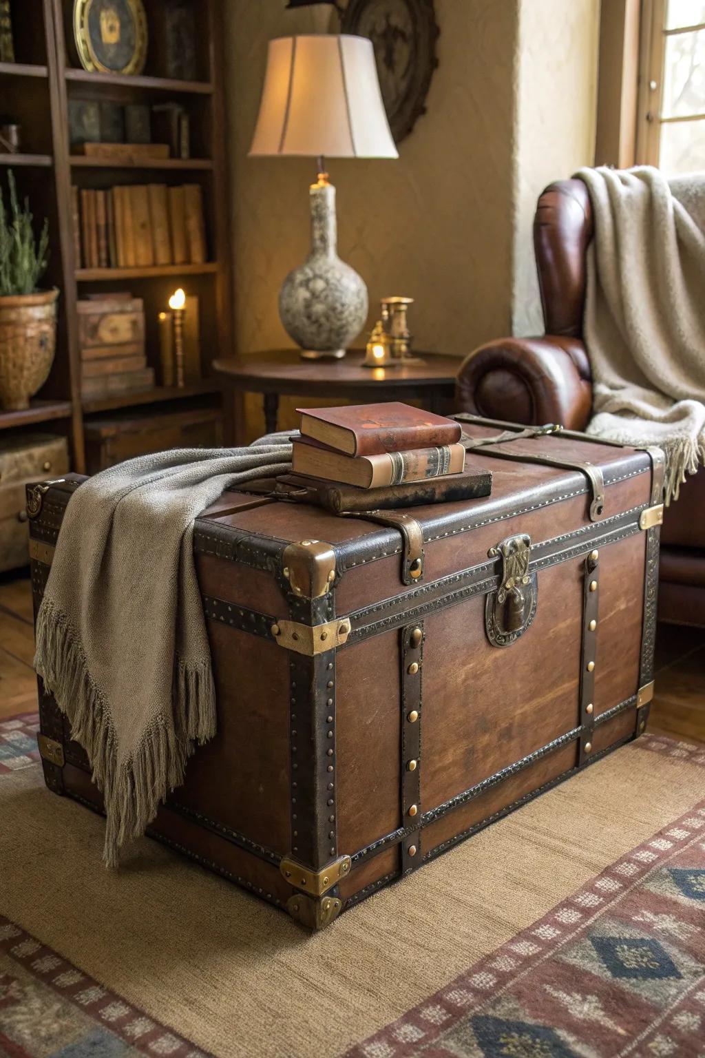 Add historical charm with a refurbished steamer trunk for stylish storage.
