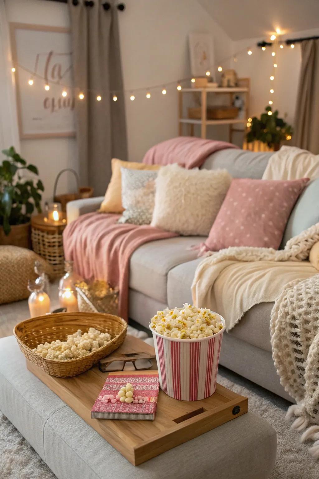 A cozy movie night setup is a relaxing way to end Mother's Day.
