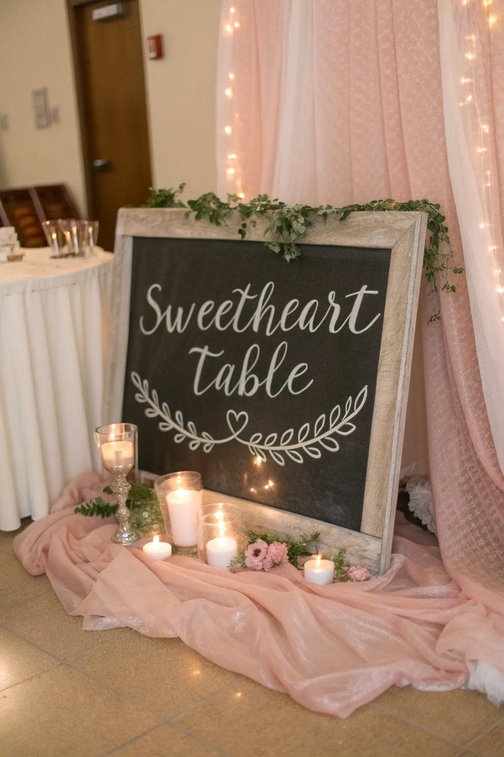 A chalkboard backdrop allows you to personalize your space with quotes and stories.