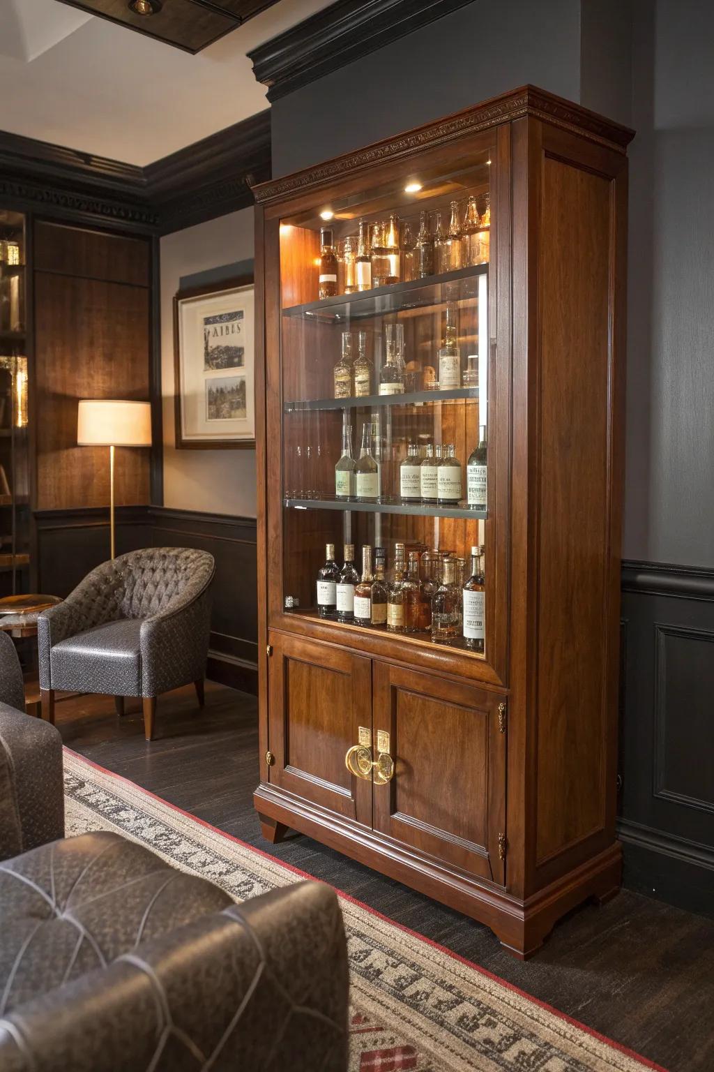 Highlight your whiskey collection with an elegant glass-fronted display case.