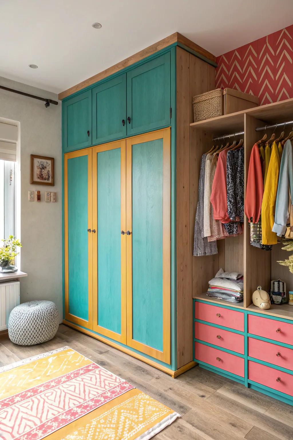 Introduce vibrancy with colorful wood finishes that transform your closet space.
