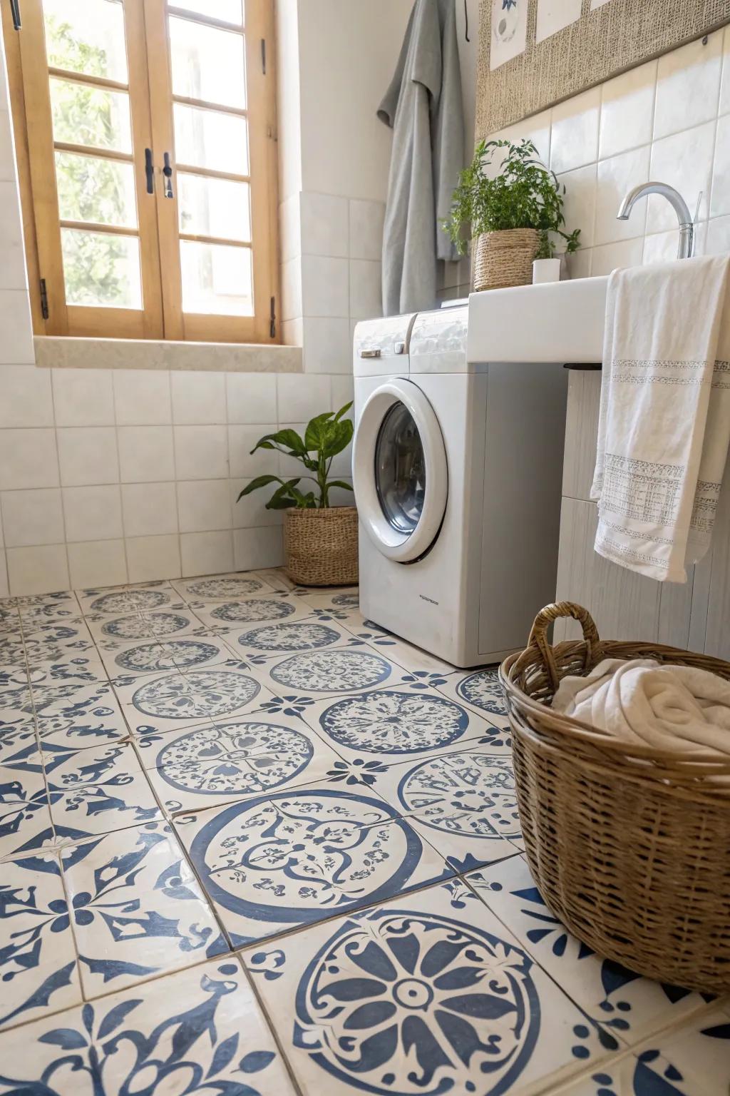 Patterned tiles bring a splash of elegance and charm to your laundry space.