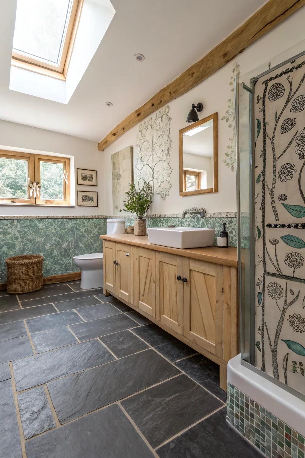 Artistic wall accents bring a touch of creativity and elegance to your slate-floored bathroom.