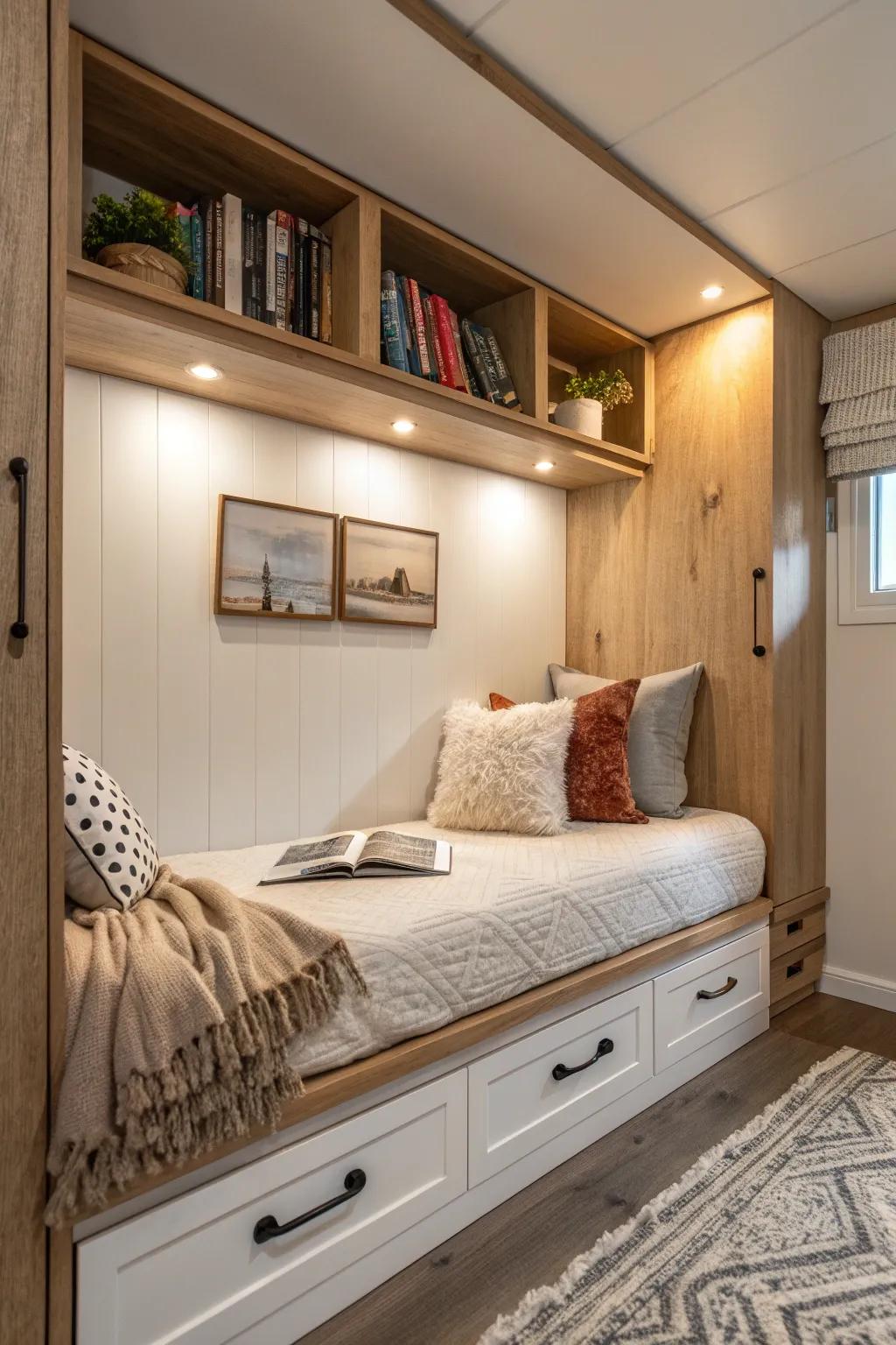 Achieve a tidy, organized nook with smart wall-mounted storage solutions.