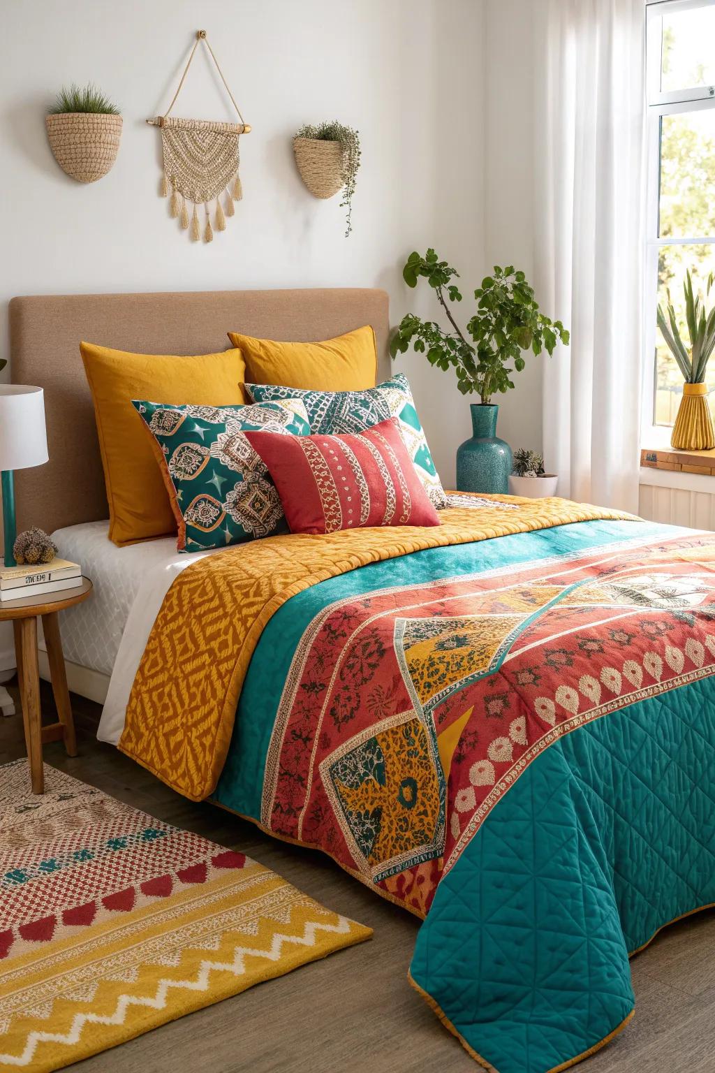 Create a dynamic and engaging bedroom aesthetic by mixing patterns and textures.